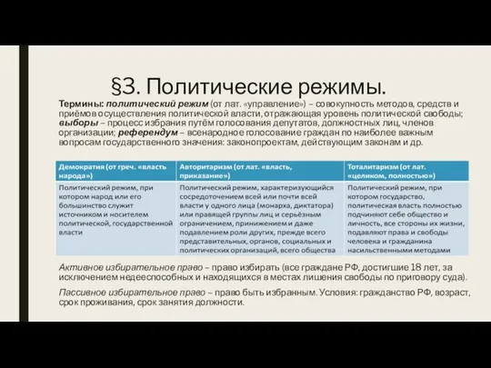 §3. Политические режимы. Термины: политический режим (от лат. «управление») – совокупность