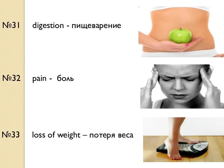 №31 digestion - пищеварение №32 pain - боль №33 loss of weight – потеря веса