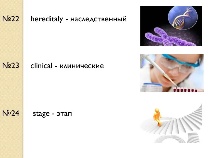 №22 hereditaly - наследственный №23 clinical - клинические №24 stage - этап