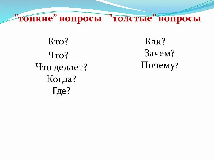 "тонкие” вопросы Кто? Что? Что делает? Когда? Где? "толстые” вопросы Как? Зачем? Почему?