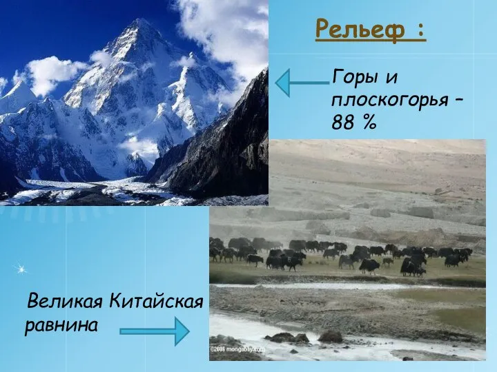 Рельеф : Горы и плоскогорья – 88 % Великая Китайская равнина