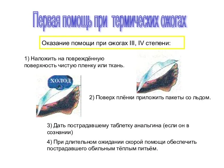 Оказание помощи при ожогах III, IV степени: 1) Наложить на повреждённую