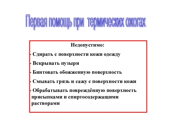 Недопустимо: Сдирать с поверхности кожи одежду Вскрывать пузыри Бинтовать обожженную поверхность