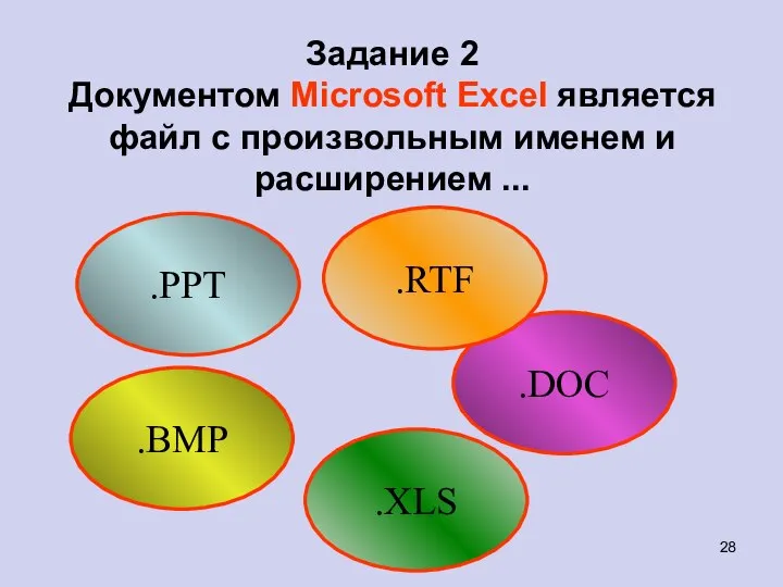 .PPT .DOC .BMP Задание 2 Документом Microsoft Excel является файл с