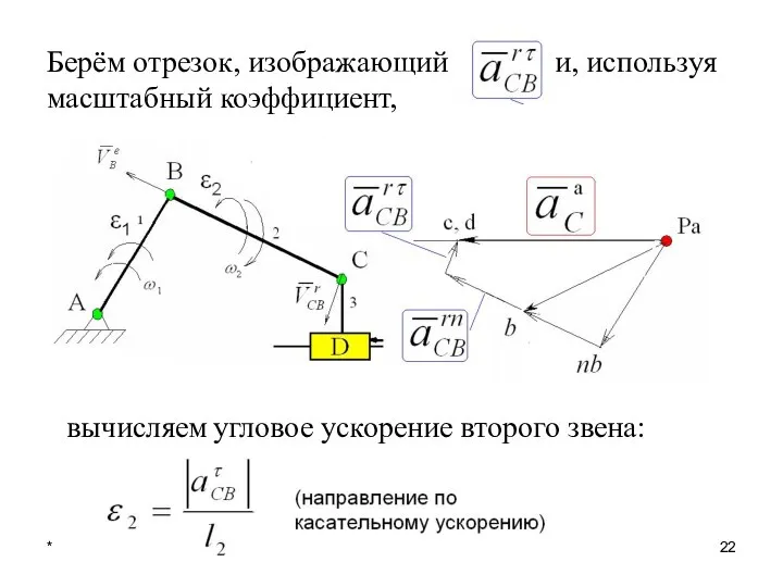 * лекция 4 Берём отрезок, изображающий и, используя масштабный коэффициент, вычисляем угловое ускорение второго звена: