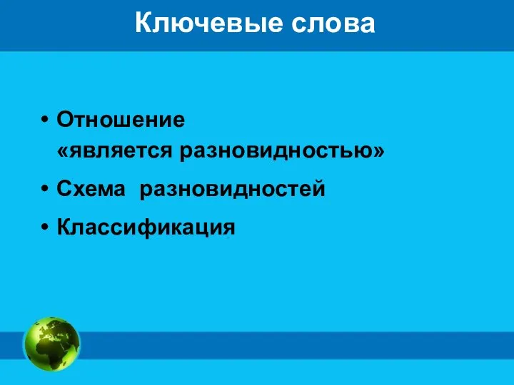 Ключевые слова Отношение «является разновидностью» Схема разновидностей Классификация