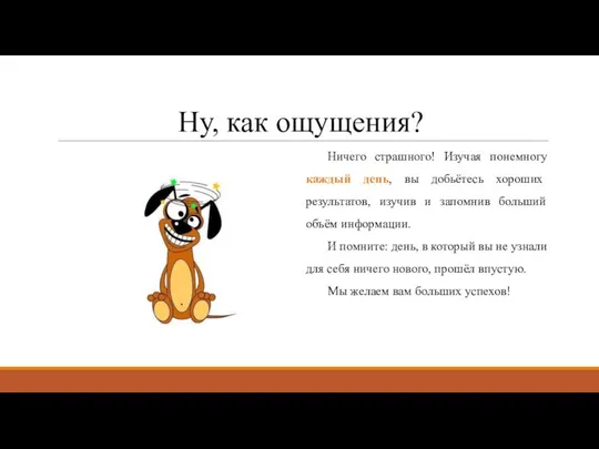 Ну, как ощущения? Ничего страшного! Изучая понемногу каждый день, вы добьётесь