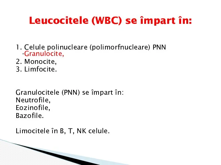 1. Celule polinucleare (polimorfnucleare) PNN -Granulocite, 2. Monocite, 3. Limfocite. Granulocitele