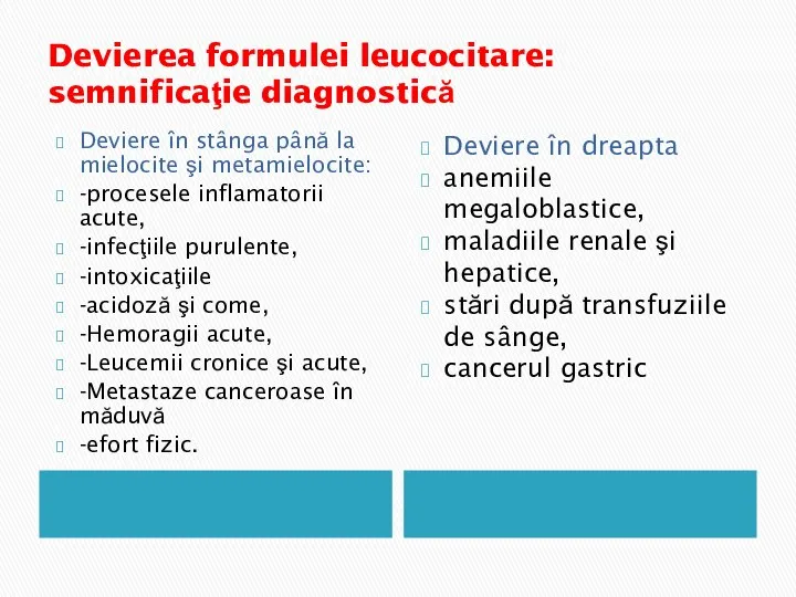 Devierea formulei leucocitare: semnificaţie diagnostică Deviere în stânga până la mielocite