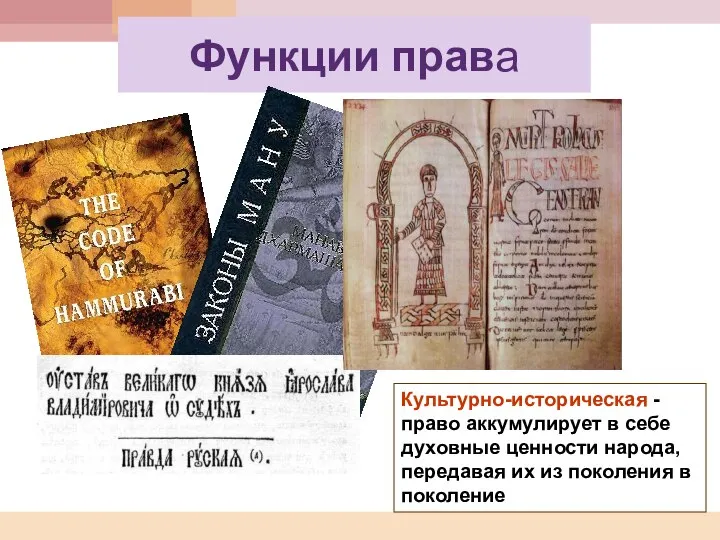 Функции права Культурно-историческая - право аккумулирует в себе духовные ценности народа,