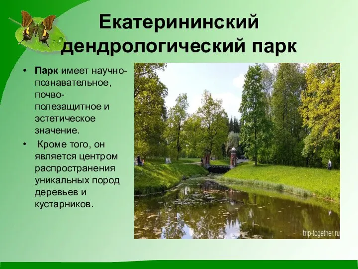 Екатерининский дендрологический парк Парк имеет научно-познавательное, почво-полезащитное и эстетическое значение. Кроме