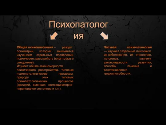 Психопатология Общая психопатология – раздел психиатрии, который занимается изучением отдельных проявлений