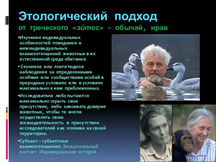 Этологический подход от греческого «эйтос» – обычай, нрав Изучение индивидуальных особенностей