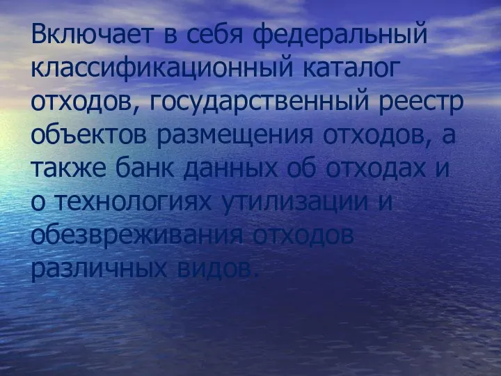 Включает в себя федеральный классификационный каталог отходов, госу­дарственный реестр объектов размещения