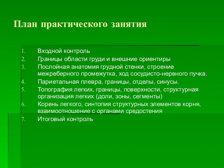 План практического занятия Входной контроль Границы области груди и внешние ориентиры