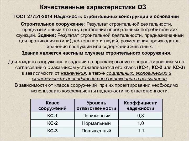 Качественные характеристики ОЗ Строительное сооружение: Результат строительной деятельности, предназначенный для осуществления