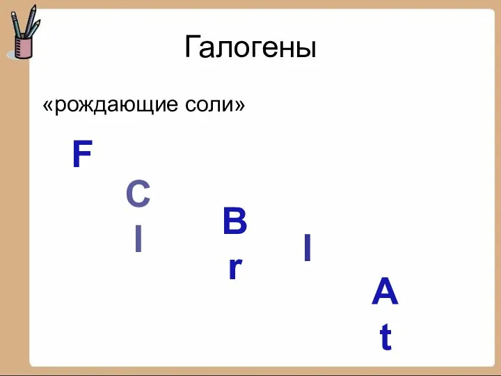 Галогены «рождающие соли» F CI Br I At