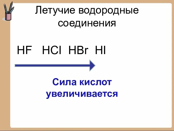 Летучие водородные соединения HF HCI HBr HI Сила кислот увеличивается