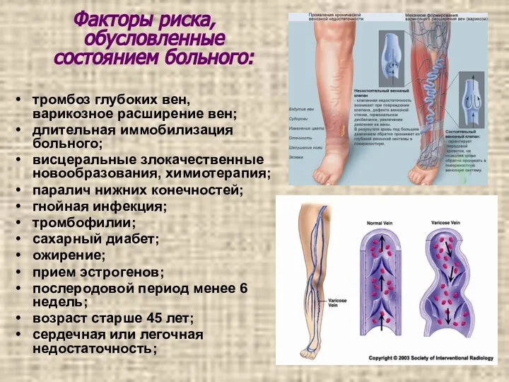 Факторы риска, обусловленные состоянием больного: тромбоз глубоких вен, варикозное расширение вен;