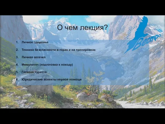 О чем лекция? Личное здоровье Техника безопасности в горах и на