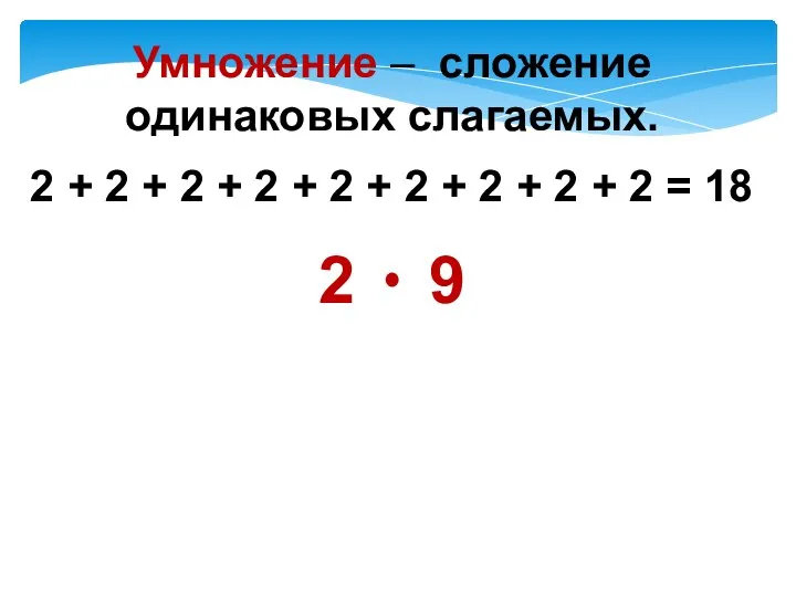 Умножение – сложение одинаковых слагаемых. 2 + 2 + 2 +