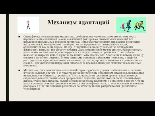 Механизм адаптаций Специфические адаптивные механизмы, свойственные человеку, дают ему возможность переносить