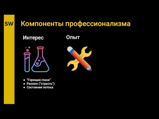 Компоненты профессионализма Интерес Опыт “Горящие глаза” Passion (“страсть”) Состояние потока