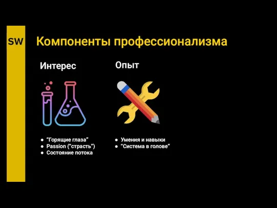 Компоненты профессионализма Интерес Опыт “Горящие глаза” Passion (“страсть”) Состояние потока Умения и навыки “Система в голове”