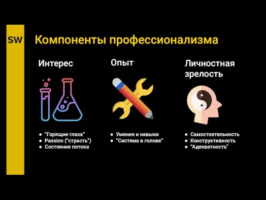 Компоненты профессионализма Интерес Опыт Личностная зрелость “Горящие глаза” Passion (“страсть”) Состояние