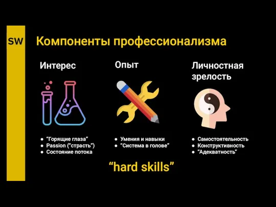 Компоненты профессионализма Интерес Опыт Личностная зрелость “Горящие глаза” Passion (“страсть”) Состояние