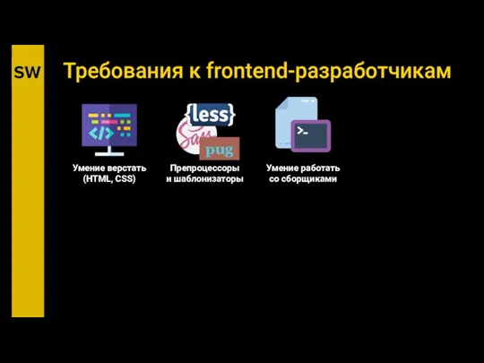 Препроцессоры и шаблонизаторы Требования к frontend-разработчикам Умение верстать (HTML, CSS) Умение работать со сборщиками pug