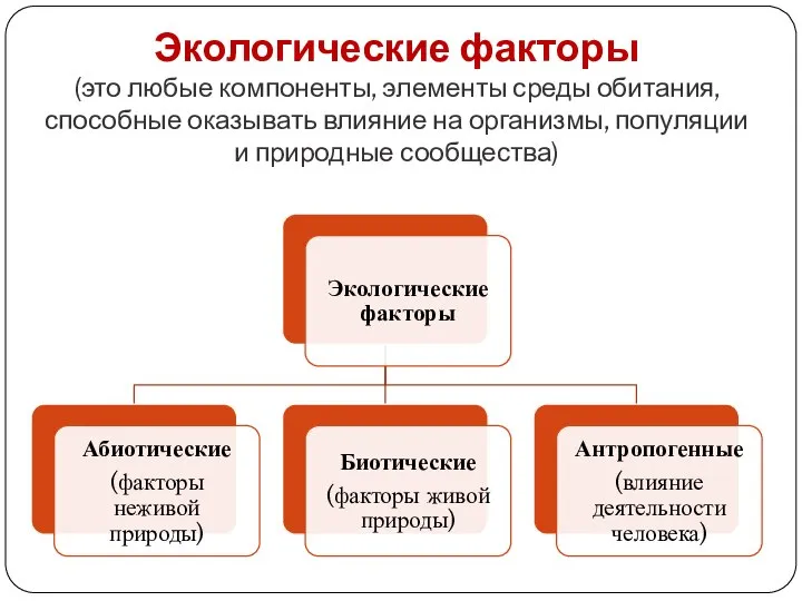 Экологические факторы (это любые компоненты, элементы среды обитания, способные оказывать влияние