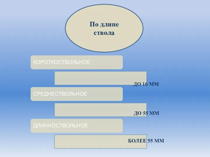 По длине ствола КОРОТКОСТВОЛЬНОЕ СРЕДНЕСТВОЛЬНОЕ ДЛИННОСТВОЛЬНОЕ ДО 16 ММ ДО 55 ММ БОЛЕЕ 55 ММ