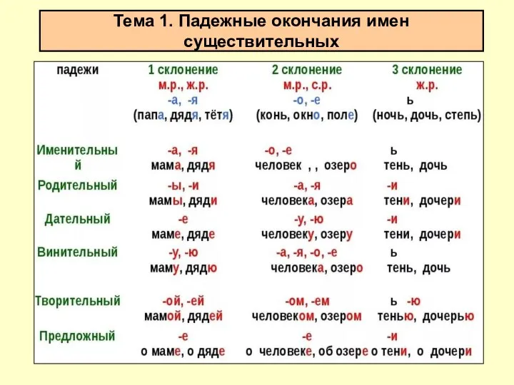 Тема 1. Падежные окончания имен существительных