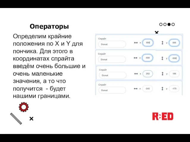 Операторы Определим крайние положения по X и Y для пончика. Для