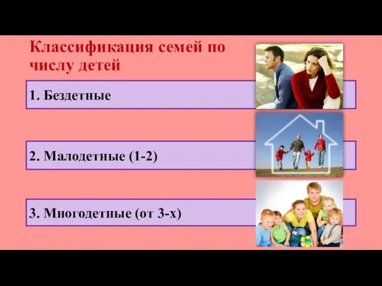 Классификация семей по числу детей 1. Бездетные 3. Многодетные (от 3-х) 2. Малодетные (1-2)