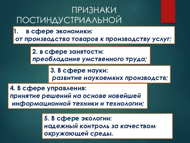 ПРИЗНАКИ ПОСТИНДУСТРИАЛЬНОЙ СТРУКТУРЫ: в сфере экономики: от производства товаров к производству