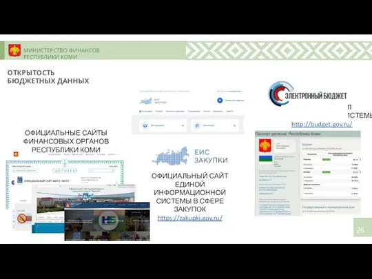 МИНИСТЕРСТВО ФИНАНСОВ РЕСПУБЛИКИ КОМИ ОТКРЫТОСТЬ БЮДЖЕТНЫХ ДАННЫХ ЕДИНЫЙ ПОРТАЛ БЮДЖЕТНОЙ СИСТЕМЫ