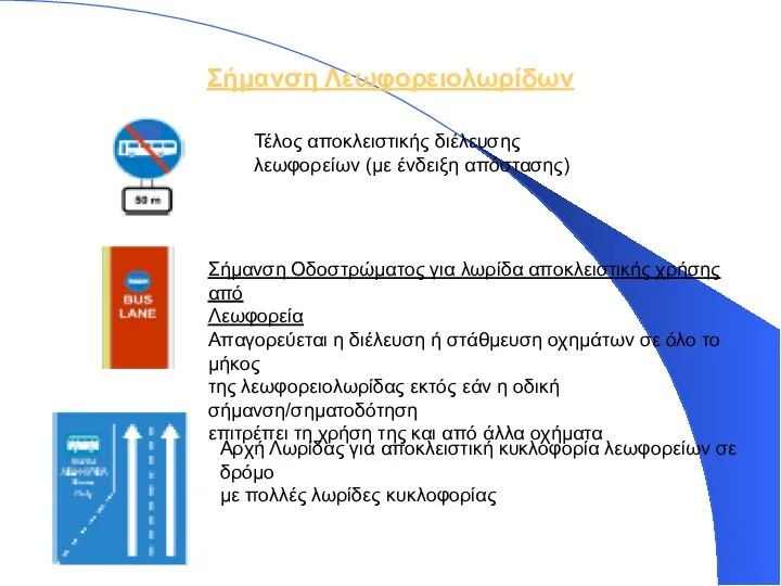 Σήμανση Λεωφορειολωρίδων Τέλος αποκλειστικής διέλευσης λεωφορείων (με ένδειξη απόστασης) Σήμανση Οδοστρώματος