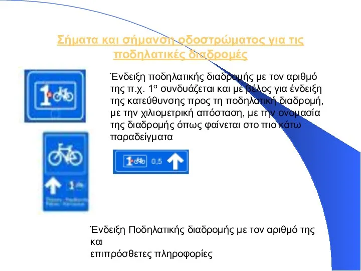 Σήματα και σήμανση οδοστρώματος για τις ποδηλατικές διαδρομές Ένδειξη ποδηλατικής διαδρομής