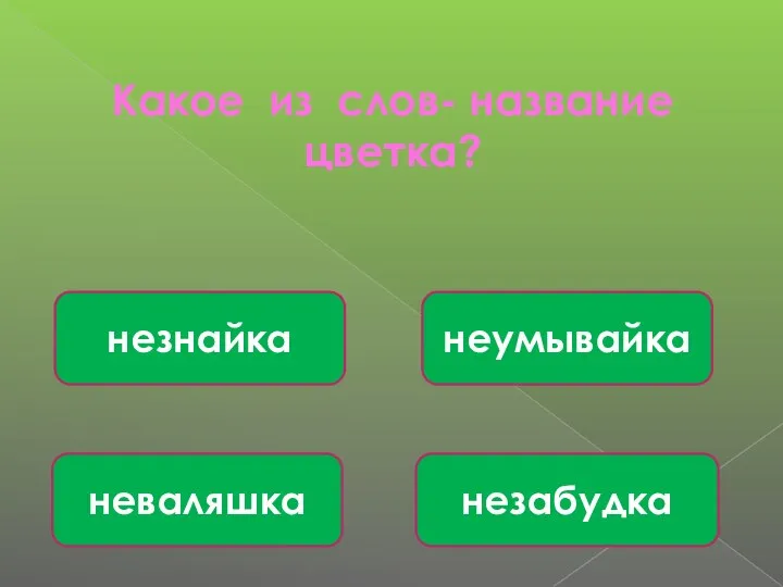 Какое из слов- название цветка? незабудка неумывайка неваляшка незнайка