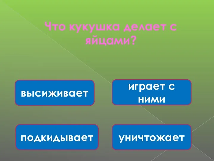 Что кукушка делает с яйцами? подкидывает уничтожает играет с ними высиживает