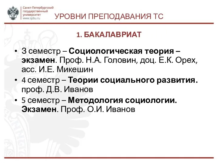 УРОВНИ ПРЕПОДАВАНИЯ ТС 1. БАКАЛАВРИАТ З семестр – Социологическая теория –