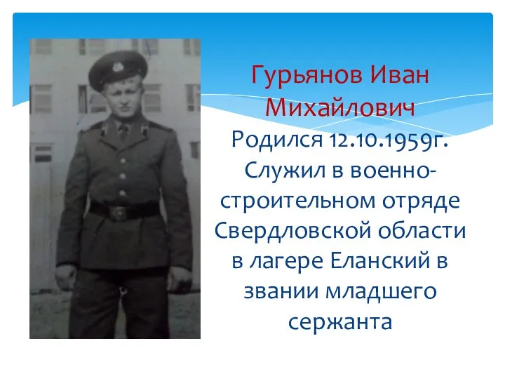 Гурьянов Иван Михайлович Родился 12.10.1959г. Служил в военно-строительном отряде Свердловской области