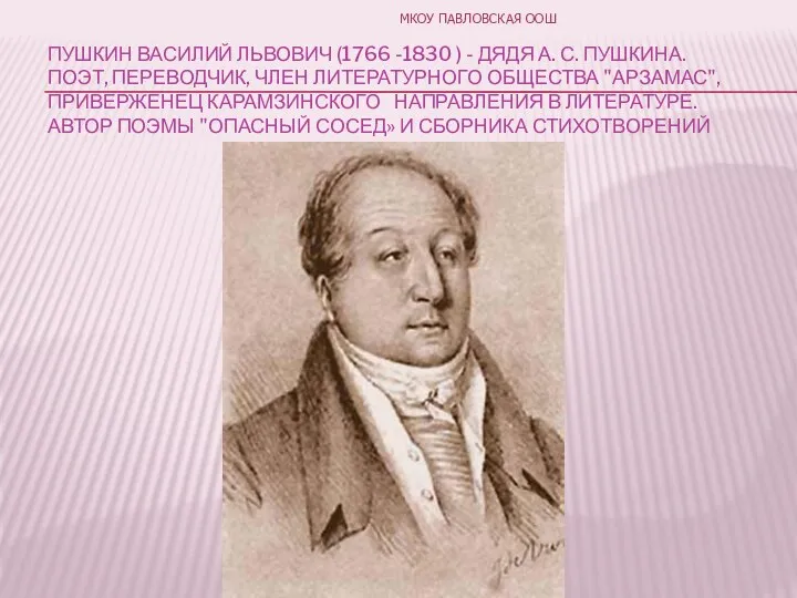 ПУШКИН ВАСИЛИЙ ЛЬВОВИЧ (1766 -1830 ) - ДЯДЯ А. С. ПУШКИНА.