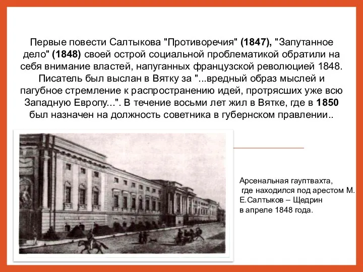 Первые повести Салтыкова "Противоречия" (1847), "Запутанное дело" (1848) своей острой социальной