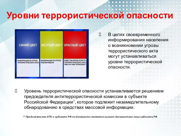 Уровни террористической опасности В целях своевременного информирования населения о возникновении угрозы