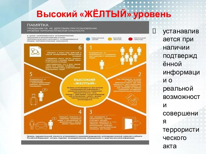 Высокий «ЖЁЛТЫЙ» уровень устанавливается при наличии подтверждённой информации о реальной возможности совершения террористического акта