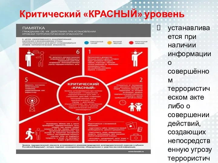 Критический «КРАСНЫЙ» уровень устанавливается при наличии информации о совершённом террористическом акте