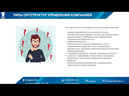 ТИПЫ ОРГСТРУКТУР УПРАВЛЕНИЯ КОМПАНИЕЙ Что нужно учесть при выборе типа оргструктуры